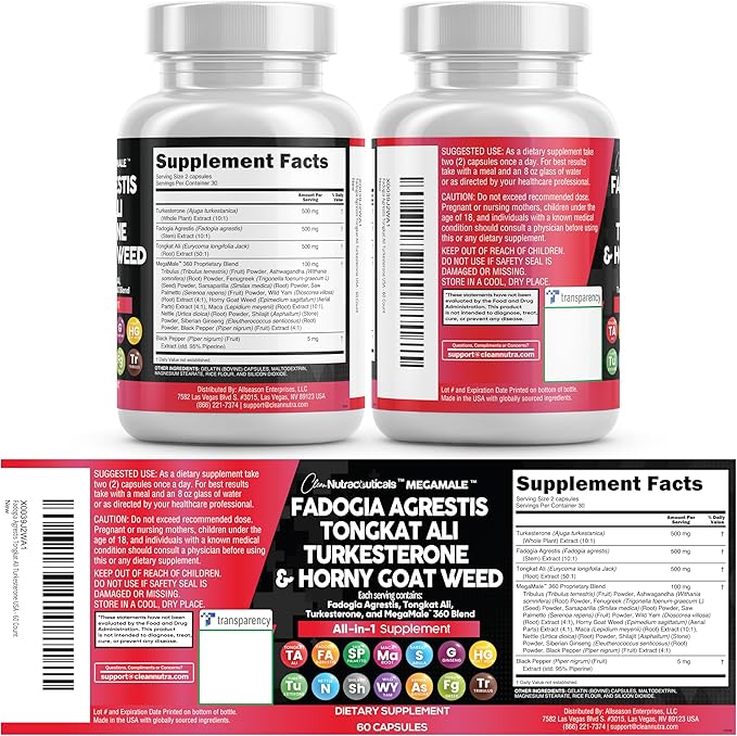 Clean Nutraceuticals Fadogia Agrestis Tongkat Ali Turkesterone Supplement with Horny Goat Weed Saw Palmetto Maca Root Siberian Ginseng Tribulus Terrestris Fenugreek Wild Yam - 60 Count