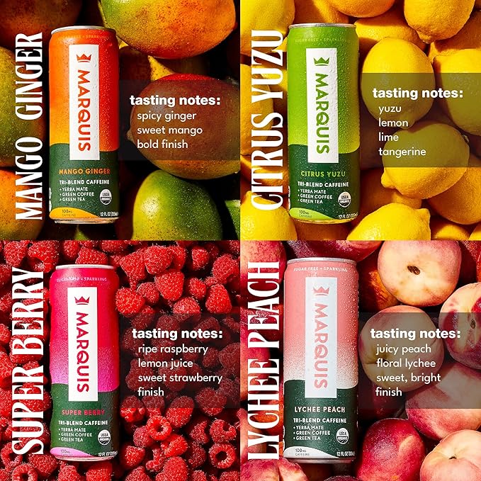Marquis Natural Energy Drinks Sugar Free Zero Calories 100mg Organic Plant Based Caffeine Yerba Mate Green Tea &amp Green Coffee - Vitamin C &amp Bs - Healthy Energy Drink Variety Pack - 12oz Cans