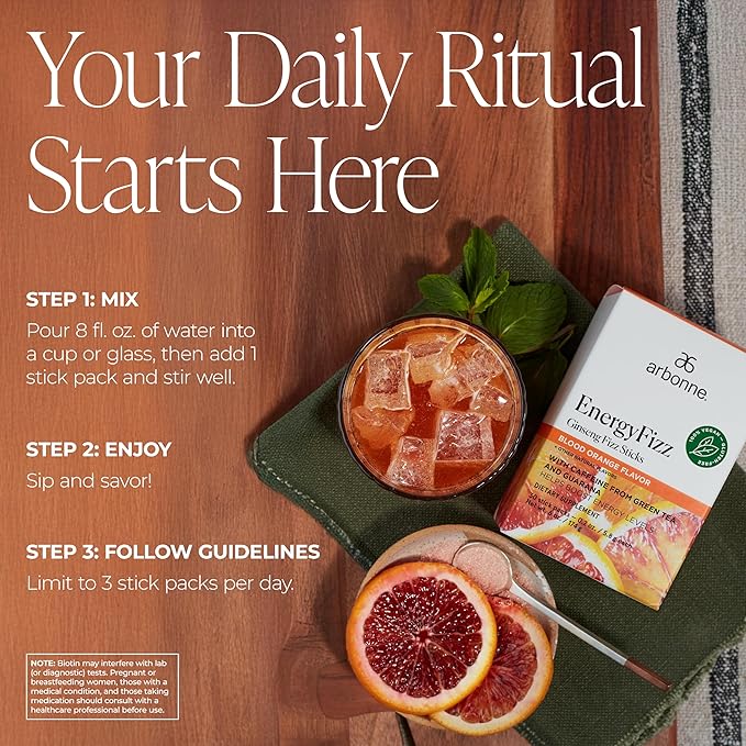 Arbonne Ginseng Energy Supplements (Blood Orange) with GutHealth Prebiotic Fiber Powder