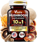 Lions Mane Supplement Capsules - USA Made 10 in 1 Mushroom Supplement - Mushroom Complex with Lions Mane Cordyceps Turkey Tail Reishi Shiitake for Cognitive &amp Immune Support - 120 Count