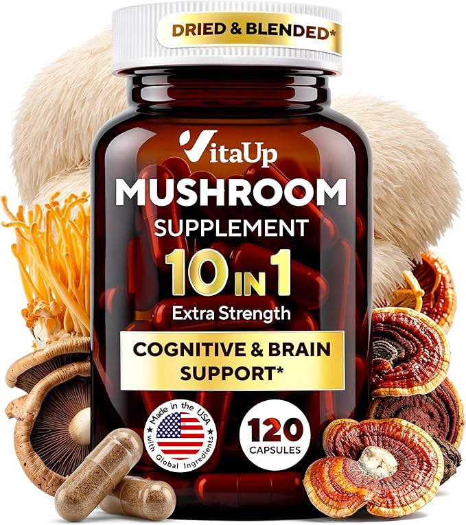 Lions Mane Supplement Capsules - USA Made 10 in 1 Mushroom Supplement - Mushroom Complex with Lions Mane Cordyceps Turkey Tail Reishi Shiitake for Cognitive &amp Immune Support - 120 Count