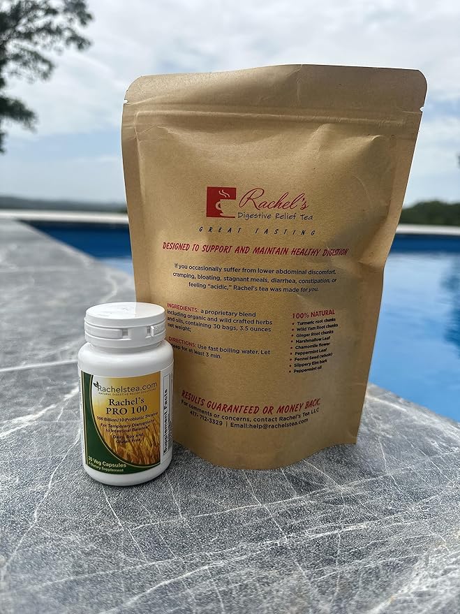 Rachel's Tea: Turmeric Wild Yam Ginger Marshmallow Chamomile Peppermint Fennel Slippery Elm: 30 bags 60 cups: Rachel's Pro 100 Probiotic 100 Billion/10 probiotic strains Acid Resistant