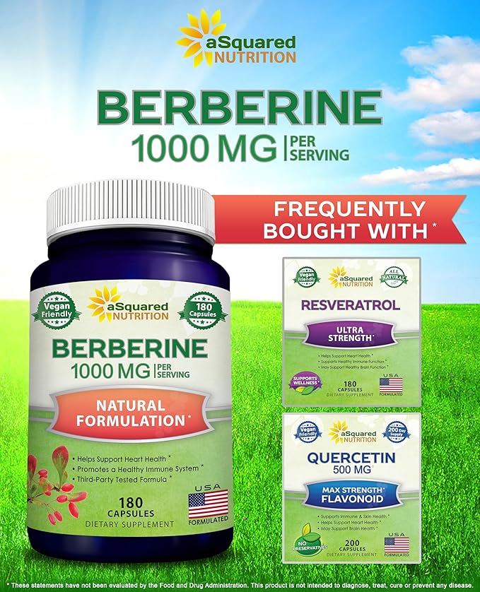 aSquared Nutrition Pure Berberine 1000mg Supplement - 180 Veggie Capsules Natural Berberine Hydrochloride HCL Plus Max Strength 1000 mg (2X 500mg) Potent Berberine Vegan Extract
