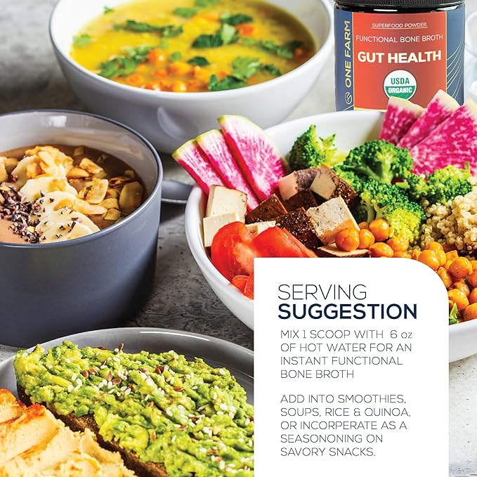 One Farm Superfood Powder Gut Health Organic Gut Soothing Blend and Prebiotic Blend Non-GMO Prebiotics with Bone Broth Turkey Tail Mushroom Slippery Elm and Marshmallow Root for GI Health
