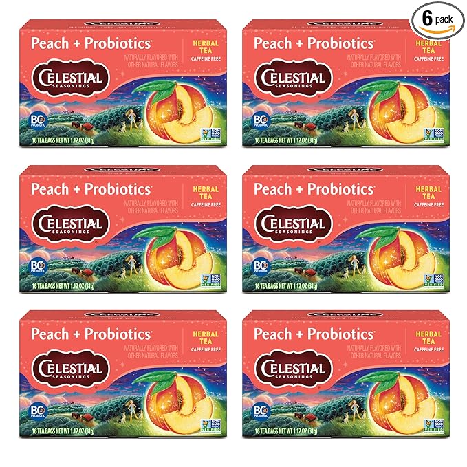 Celestial Seasonings Peach + Probiotics Herbal Tea Caffeine Free 16 Tea Bags Box (Pack of 6)