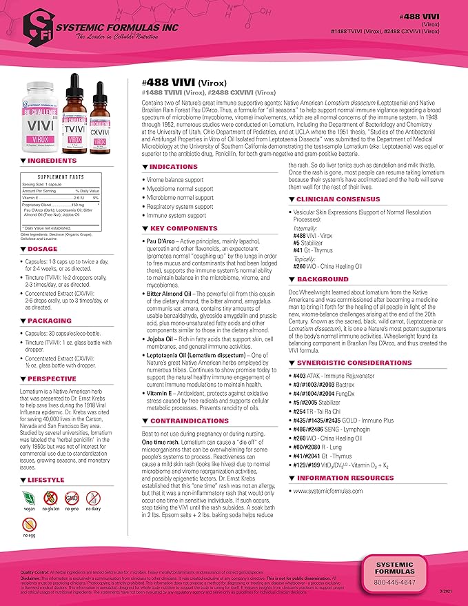 Systemic Formulas Bio Challenge #488 VIVI Virox - 30 Capsules. Powerful Immune Support Blend with PAU D’Arco Leptotaenia Oil (Lomatium dissectum) Bitter Almond Oil Jojoba Oil and Vitamin E.