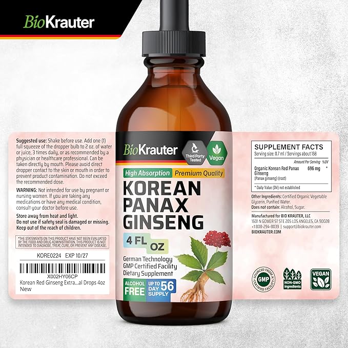 BIO KRAUTER® Ginseng Supplement - Pure Vegan Liquid Drops Korean Red Ginseng 696 mg per Serving 4 Fl.Oz 56-Day Supply - Used for Energy Focus Performance &amp Immune Support - Alcohol &amp Sugar F