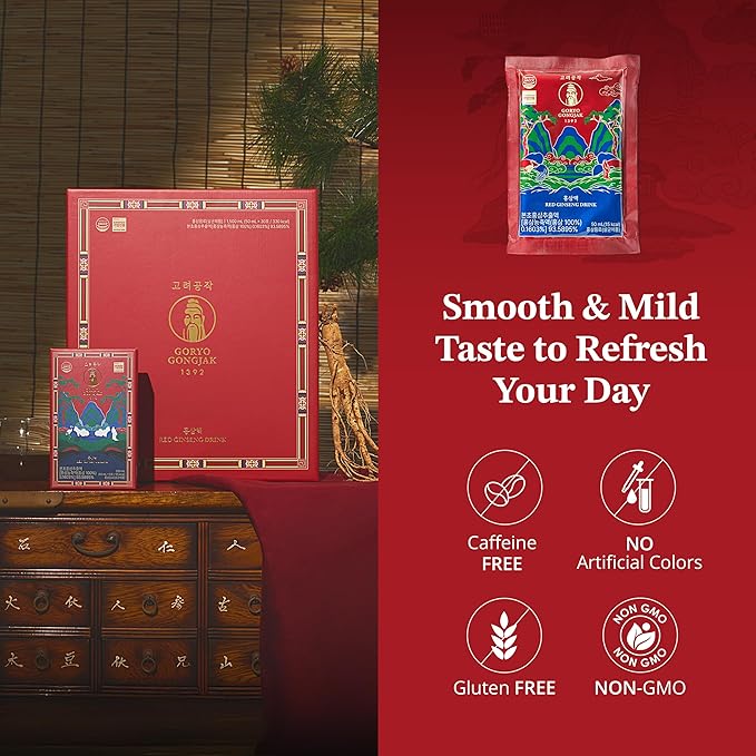 GORYO GONGJAK 1392 Korean Red Ginseng Herbal Energy Drink Made from 6 Year Old Roots | Premium Ginseng Extract | Caffeine Free | Vegan Friendly Korean Gift Set 50ml x 30 Pouches