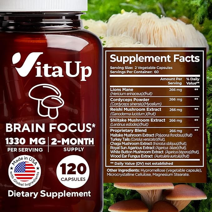 Lions Mane Supplement Capsules - USA Made 10 in 1 Mushroom Supplement - Mushroom Complex with Lions Mane Cordyceps Turkey Tail Reishi Shiitake for Cognitive &amp Immune Support - 120 Count