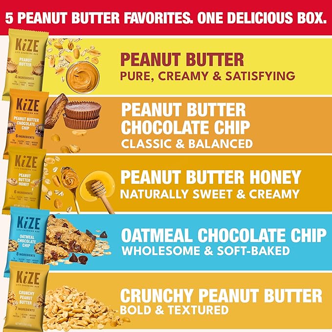 KiZE Energy Bars - Peanut Butter Lovers Variety Pack - Gluten Free Dairy Free Options Non-GMO and High Protein Meal Replacement Energy Bars Clean and Simple Food Ingredients - 7-10g High Protein S