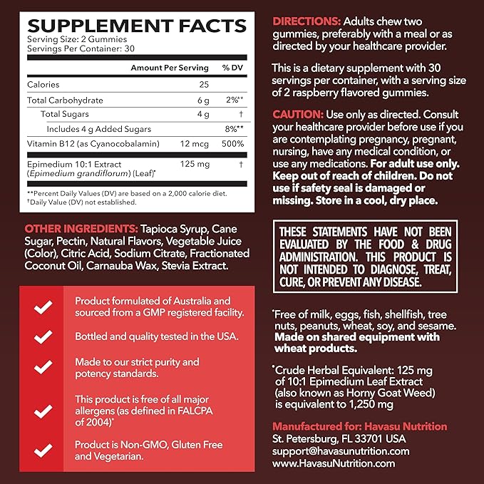 Horny Goat Weed Gummies with Vitamin B12 - Energy Endurance &amp Performance Support for Male Health - 60 Count - Vegetarian-Friendly Non-GMO Pectin-Based - Raspberry Flavor 1 Month Supply