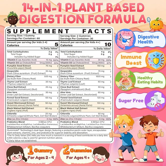 Toddler 2-4 &amp Kids 4+ Para Clean Gut Health Gummies w/Black Walnut Wormwood Clove Pumpkin Seeds Vitamin C D3 Zinc Digestive Supplement for Natural Gut Cleanse Kids Immune Support (60cts)
