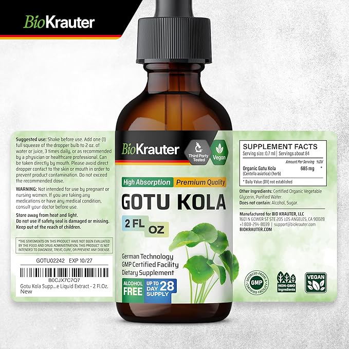 BIO KRAUTER® Centella Asiatica (Gotu Kola)- Liquid Drops Gotu Kola Extract 685 mg/Serving 2 Fl.Oz 28-Day Supply - Pure Vegan Brain Supplement Supports Calm Focus &amp Memory - Alcohol &amp Sugar F