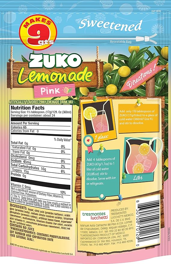 Zuko Pink Lemonade Powdered Drink Mix Family Pack No Added Sugar Needed 14.1 oz (Pack of 6)