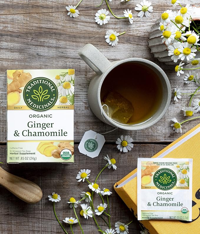 Traditional Medicinals Organic Ginger &amp Chamomile Herbal Tea Relieves Occasional Indigestion or Nausea (Pack of 3) - 48 Tea Bags Total