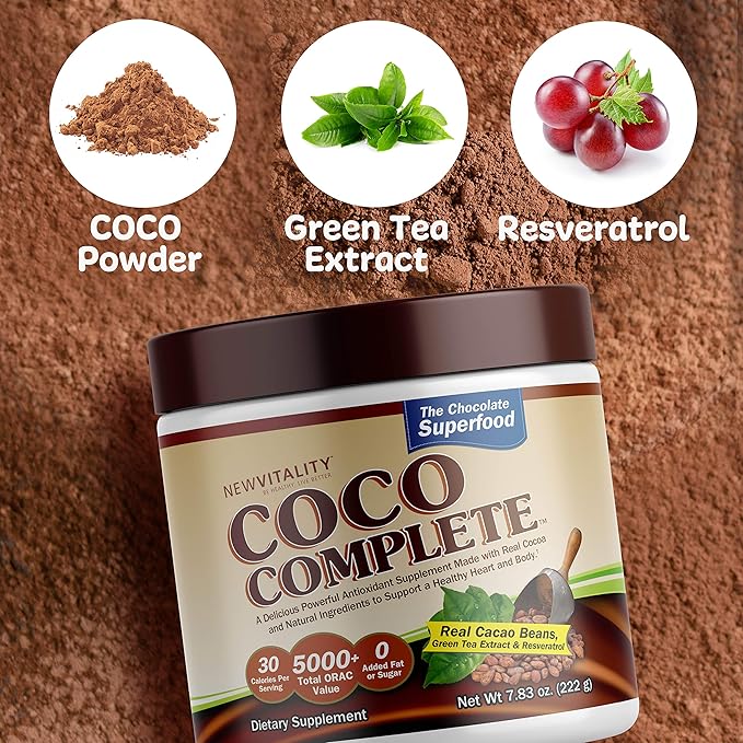 Coco Complete by New Vitality – Immune System and Boosting Superfood Powder Supplement Energy Support Sugar Free Real Cocoa Powder &amp Green Tea Extract Chocolate Flavor 30 Servings