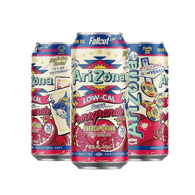 AriZona x Fallout Low Calorie Pomegranate Green Tea Energy Drink 15 fl oz (Pack of 12) - 190mg Caffeine per Can