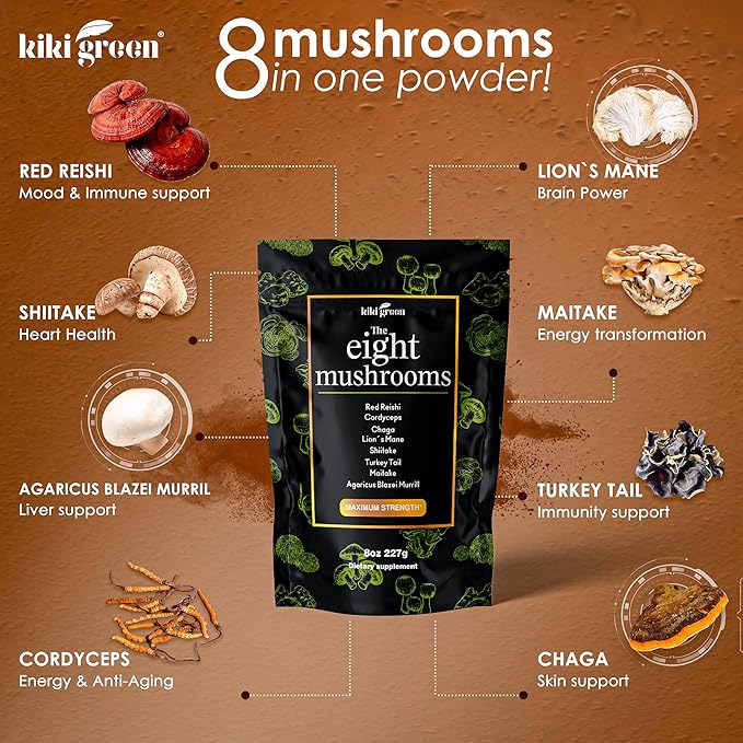 KIKI Green 8 Mushrooms Powder Extract - Supplement Blend 8 oz - Lion's Mane Reishi Chaga Cordyceps Maitake Shiitake - for Focus and Energy - Add to Coffee and Smoothies
