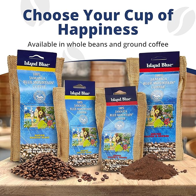 Island Blue 100% Jamaica Blue Mountain Fresh Roasted &amp Ground Coffee Medium Roast Gourmet Coffee Ground Vacuum Packed in a Burlap Bag 8 oz