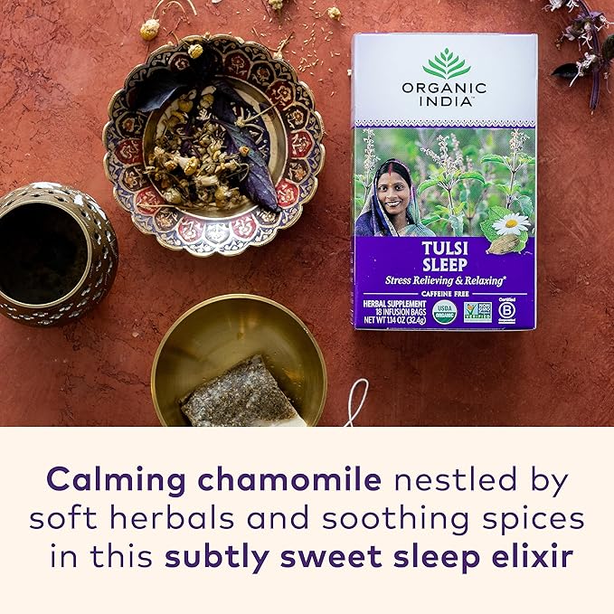 ORGANIC INDIA Tulsi Sleep Herbal Tea - Holy Basil Ashwagandha Chamomile Night Time Tea for Bedtime Stress Relieving &amp Relaxing Immune Support USDA Certified Organic - 18 Infusion Bags 3 Pac
