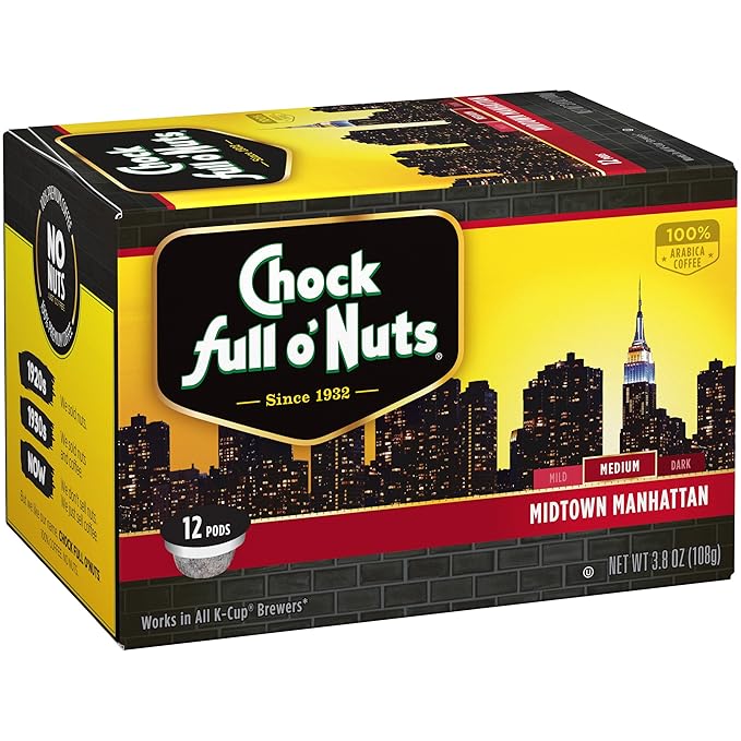 Chock Full o'Nuts Manhattan Medium Roast K-Cup Compatible Pods (12 Count) - 100% Arabica Coffee in Eco-Friendly Keurig-Compatible Single Serve Cups (Pack of 2)