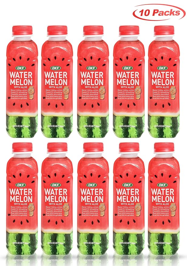 OKF Watermelon with Aloe Vera Drink Sweet and Refreshing W/Chewable Aloe added. Real Watermelon Juice and Real Aloe Vera Gel Added 16.9 Fluid Ounce (Pack OF 10)