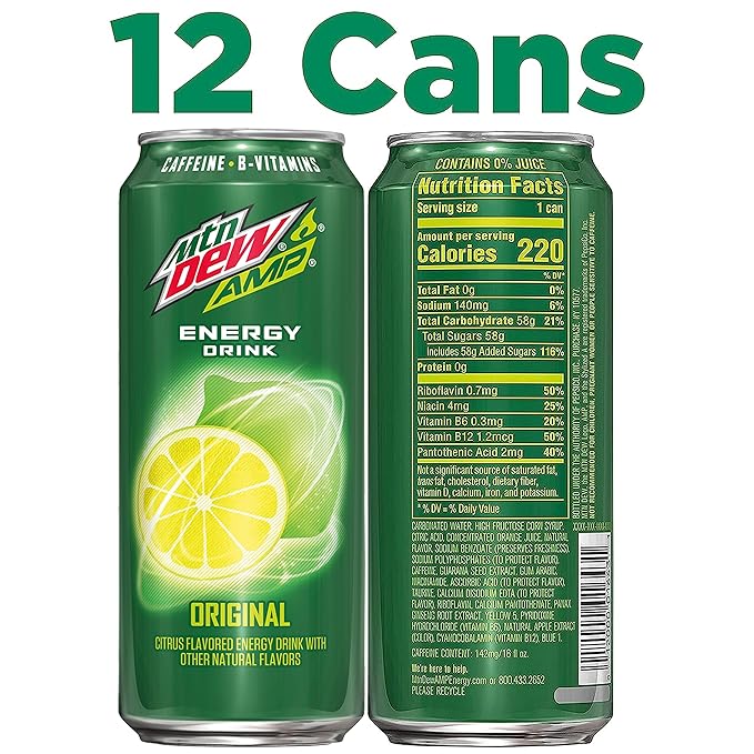 Mtn Dew AMP EnergyOriginalEnergy Drink with CaffeineB Vitamins16 fl oz cans(Pack of 24)