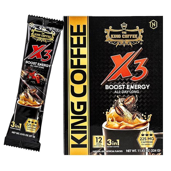 King Coffee 3in1 X3 Instant Vietnamese Coffee Packets Box 12 sticks x 0.95 oz (27g) Boost Energy Cafe Mix Perfect for Powerful Day (1)