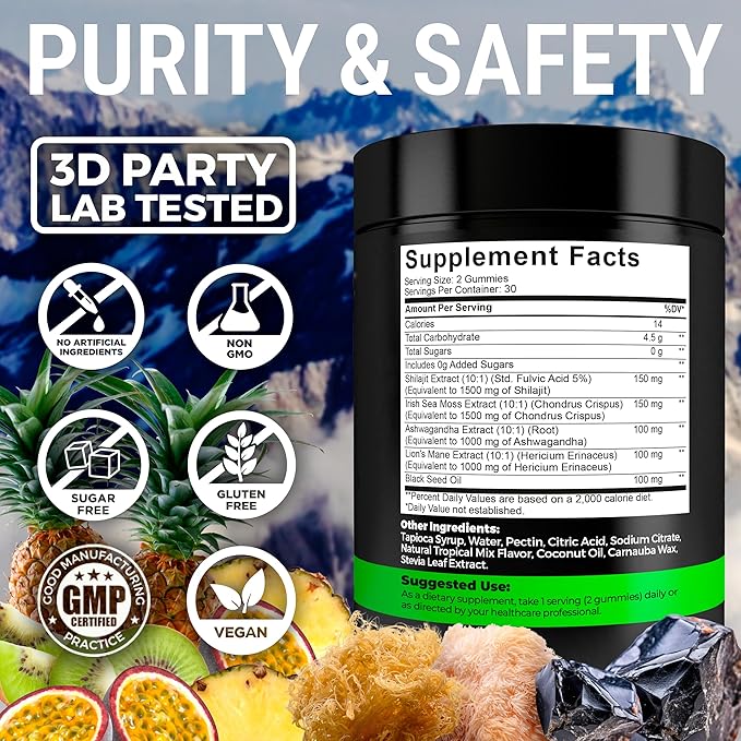 Organic Shilajit Gummies with Sea Moss Gummies - Shilajit Supplement for Immune Support - Pure Himalayan Shilajit and Ashwagandha with Sea Moss and Shilajit Lion’s Mane Extract and Black Seed Oil