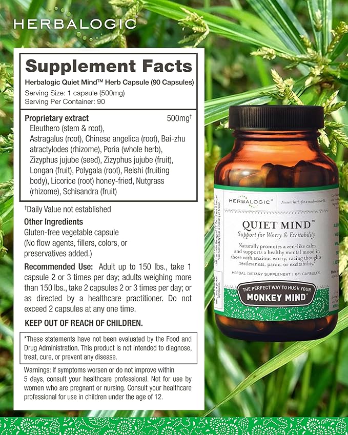 Herbalogic - Quiet Mind Herb Capsules - Non-Sedating Promotes a Feeling of Zen-Like Calm - Eases Worry - Based on The Traditional Chinese Formula GUI Pi Tang - 90 Cap Count