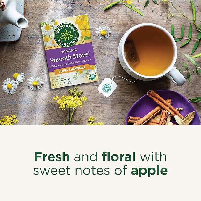 Traditional Medicinals Organic Smooth Move Tea Chamomile &amp Senna - Helps Relieve Constipation Overnight - Kosher Non-GMO Caffeine-Free Compostable - 96 Tea Bags (6 Packs of 16)