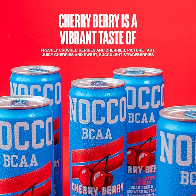 NOCCO BCAA Energy Drink Cherry Berry - 12 Fl Oz (Pack of 12) - 200mg of Caffeine Sugar Free Energy Drinks - Carbonated &amp Low Calorie BCAAs Vitamin B6 B12 &amp Biotin - Grab &amp Go Performa