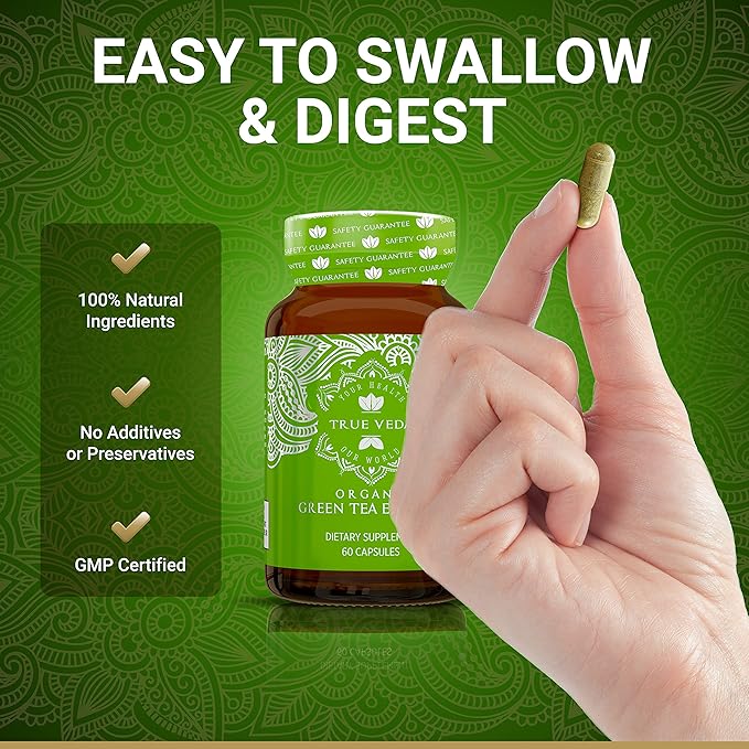 True Veda USDA Organic Green Tea Extract Capsules with EGCG | Premium Plant-Based Green Tea Pills | EGCG Supplements | Low Caffeine | 60 Vegan Capsules