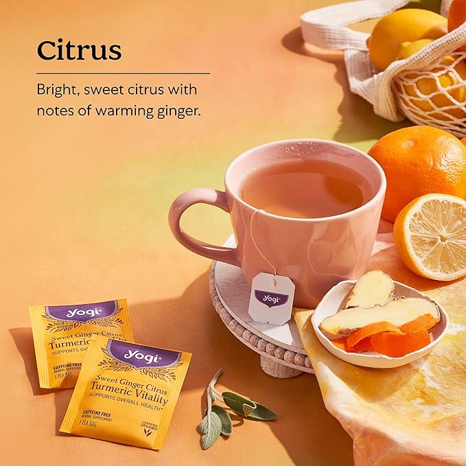 Yogi Tea Sweet Ginger Citrus Turmeric Vitality - 16 Bags per Pack (6 Packs) - Organic Ginger &amp Turmeric Root Tea - Supports Well-being - Includes Cinnamon Bark &amp More