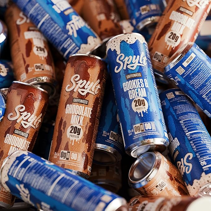 Spylt High Protein Chocolate/Cookies &amp Cream Milk with 60mg Caffeine &amp 20g Protein - 90 Calories Ready to Drink Sugar Free Lactose Free Milk Perfect for Workout Recovery &amp Afternoon Pi