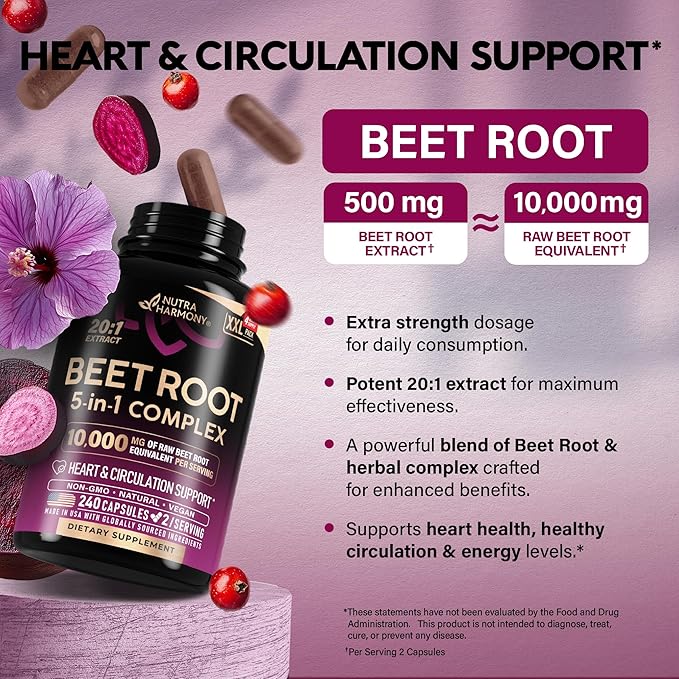 Beet Root 5-in-1 Complex Capsules - Healthy Blood Pressure Support Supplement** for Heart &amp Circulation Support - with Hawthorn Berry Hibiscus &amp Garlic - for Men &amp Women - Made in USA 24