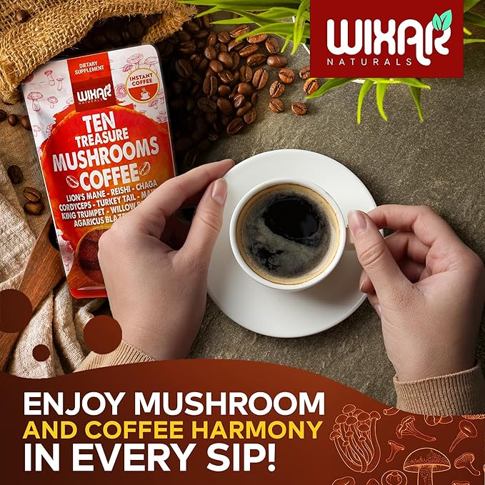 Wixar Mushroom Coffee Blend - Ten Treasure Mushrooms Extract Instant Coffee Powder with Lions Mane Turkey Tail Reishi Chaga Shiitake Maitake Cordyceps Complex - 5oz Mushroom Supplement