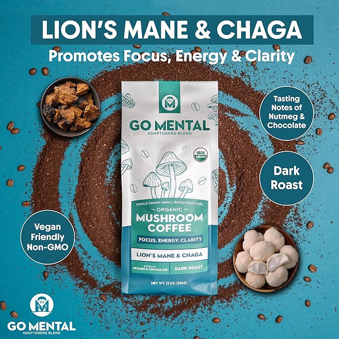 Organic Lion's Mane &amp Chaga Mushroom Coffee Ground Dark Roast Full Fruiting Bodies For Enhanced Brain Function Immune Support Wellbeing Grade 1 Single Origin 12oz - Ground