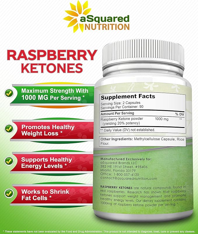 aSquared Nutrition Natural Raspberry Ketones 1000mg-180 Capsules-Weight Loss Supplement Max Strength Plus Appetite Suppressant Diet Pills Premium Lean Health Powder to Boost Pure Energy &amp Metabo