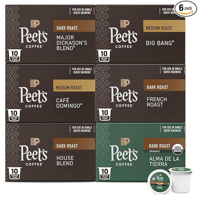 Peet's Coffee Keurig K-Cup Pods Variety Pack 100% Arabica Coffee - Major Dickason's Blend Big Bang French Roast Café Domingo Organic Alma De La Tierra House Blend 60 CT (6 Boxes of 10 Pods)
