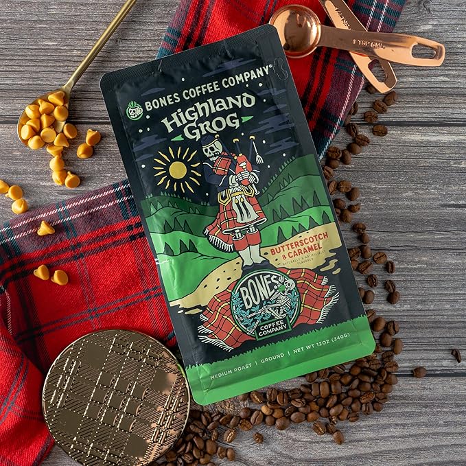 Bones Coffee Company French Vanilla Creamy Vanilla and Highland Grog Butterscotch Caramel Flavored Coffee Medium Roast Low Acid Arabica Beans 12 Oz Ground