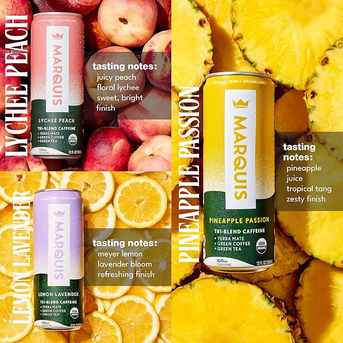 Marquis Natural Energy Drinks Sugar Free Zero Calories 100mg Organic Plant Based Caffeine Yerba Mate Green Tea &amp Green Coffee - Vitamin C &amp Bs - Healthy Energy Drink Innovation Variety Pack -