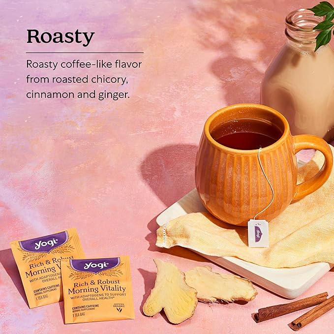 Yogi Tea Rich &amp Robust Morning Vitality Tea - 16 Bags per Pack (4 Packs) - Organic Adaptogen Tea Perfect for the Morning - Includes Puerh Tea Leaf Roasted Chicory Root Cinnamon Bark &amp More
