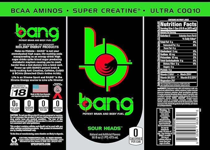 Bang Energy Sour Heads Sugar-Free Energy Drink 16-Ounce | Pack of 12