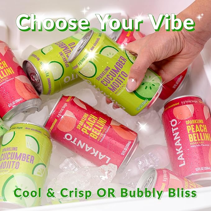 Lakanto Sparkling Cucumber Mojito Mocktail Non Alcoholic Drink - 0g Sugar Naturally Sweetened with Monk Fruit &amp Allulose Ready to Drink Better for You Soda Pop (24 Pack)