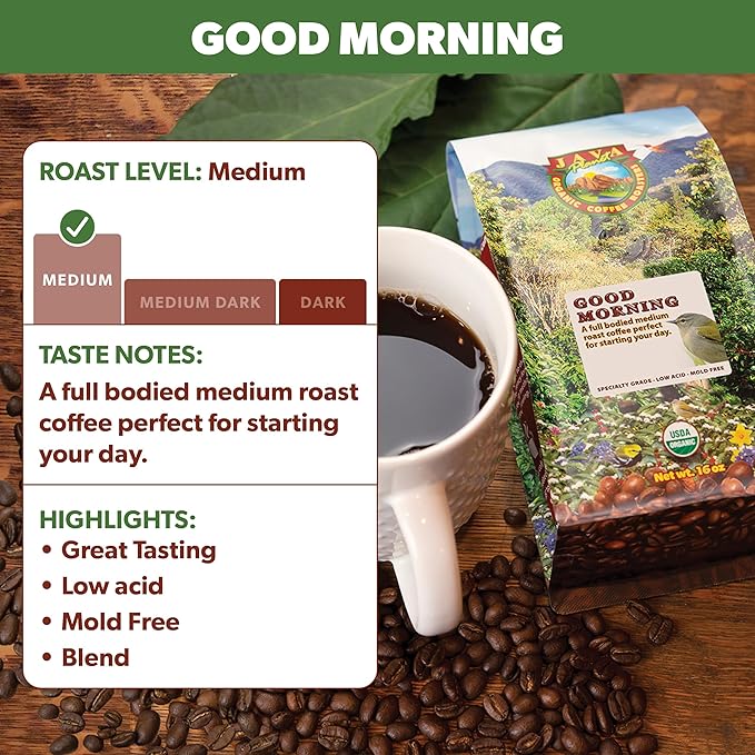 Low Acid Organic Coffee – Whole Bean Mold-Free &amp Stomach Friendly by Java Planet Good Morning Blend Coffee Medium Roast Smooth Full Flavored 1LB Bag