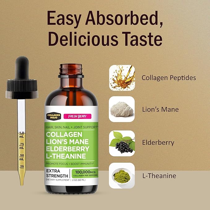 Collagen Mojo Liquid Collagen Peptides with Sea Moss Burdock Root &amp Bladderwrack + Liquid Collagen Peptides with Lions Mane Mushroom Elderberry &amp L-Theanine