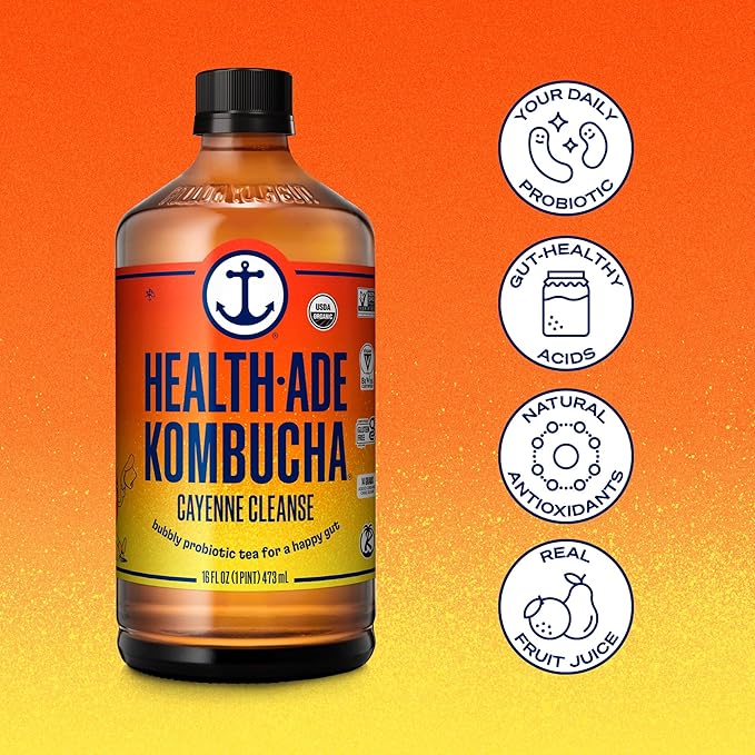 Health-Ade Kombucha Tea Organic Drink Fermented Tea with Living Probiotics Detoxifying Acids Supports Gut Health Non-GMO Vegan Gluten Free 12 Pack (16 Fl Oz Bottles) Cayenne Cleanse