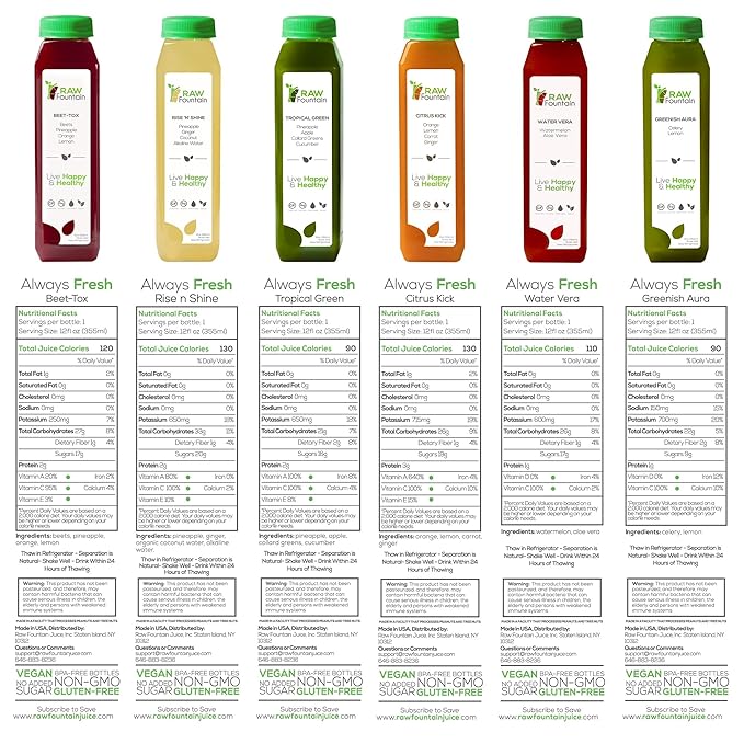 1 Day Juice Cleanse by Raw Fountain Tropical Flavors All Natural Raw Cold Pressed Fruit and Vegetable Juices Detox Cleanse Kosher Vegan NO Sugar Added 6 Bottles 12oz