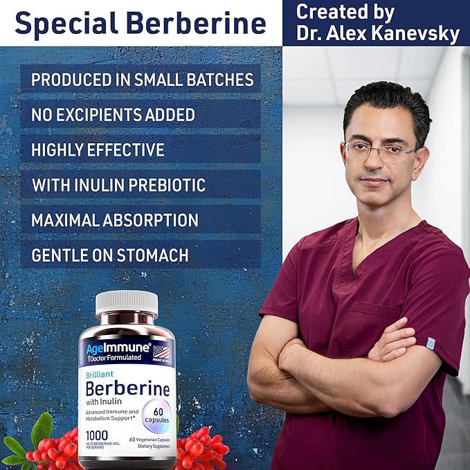 Berberine 1000mg Supplement Complex with Inulin Prebiotic - Berberine HCL 500mg per Capsule - Doctor Formulated and Third Party Tested Berberine Supplement